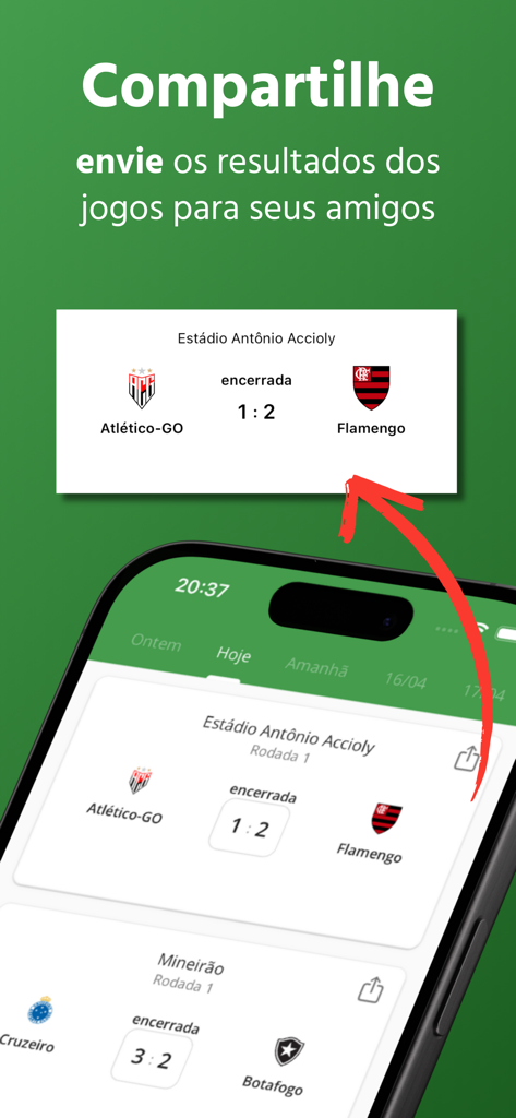 Futebol Hoje - Onde assistir - Interface do aplicativo Futebol Hoje destacando a funcionalidade de compartilhar resultados de partidas de futebol
