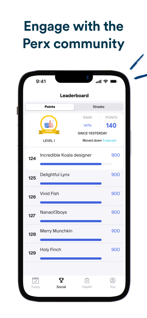 A mobile screen from the Perx Health app showing a community leaderboard with user rankings and earned points for health tasks.