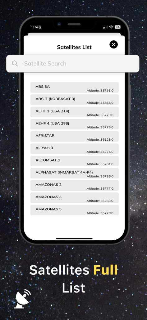 Satellite Finder & GPS Tracker - Full list of over 200 satellites with altitude data in the Satellite Finder app