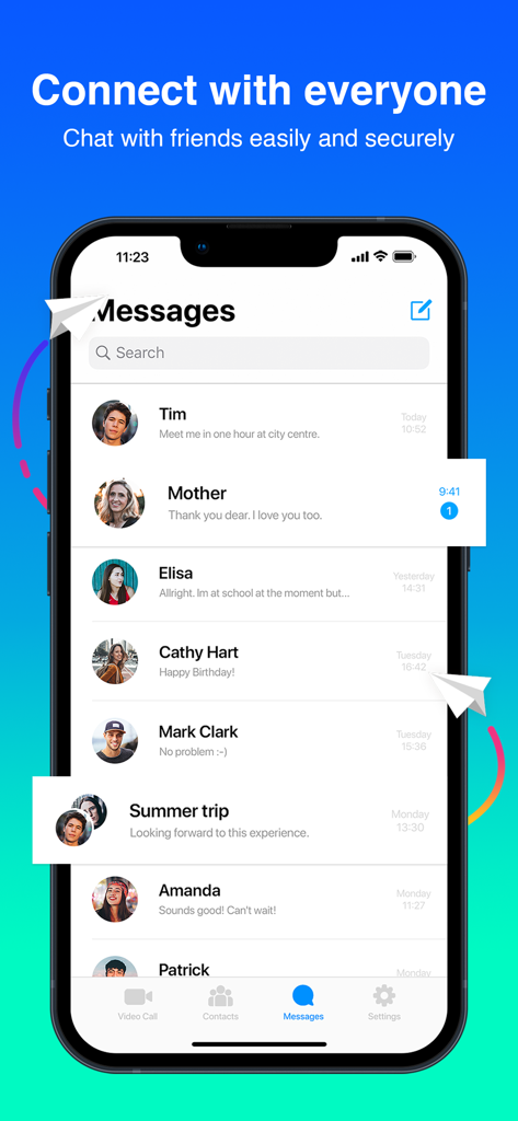 Mint Messenger app interface showing a list of private messages and group chats on a smartphone