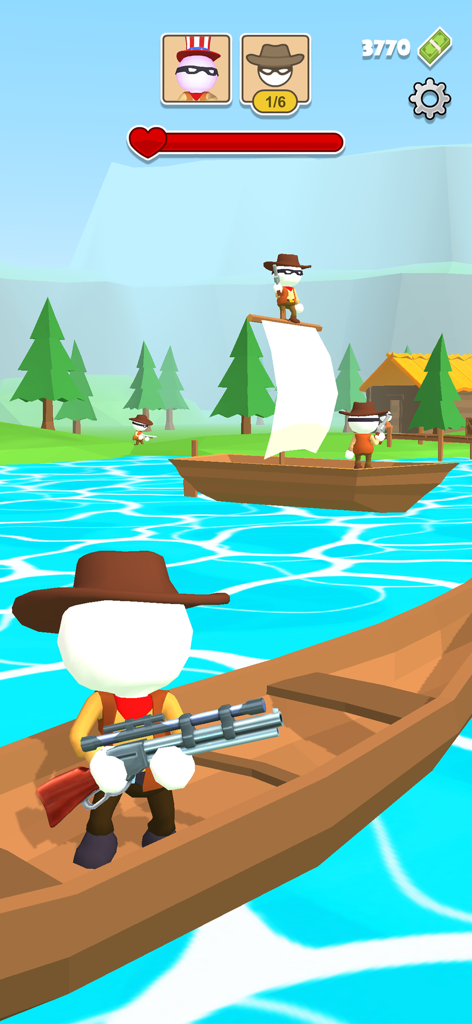 Western Sniper: Wild West FPS - 西部劇のミッション中、ボートの上でスナイパーライフルを持ったカウボーイ