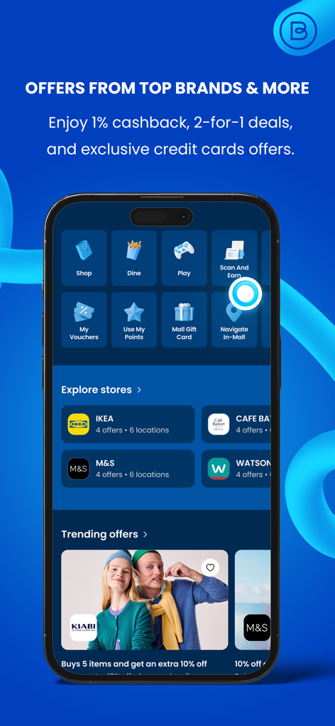 Blue Rewards app interface showcasing lifestyle offers and cashback deals from top brands