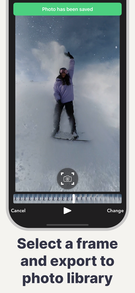 FrameShotアプリのインターフェース。動画クリップからキャプチャおよび保存されたスノーボーダーの高画質写真が表示されています。