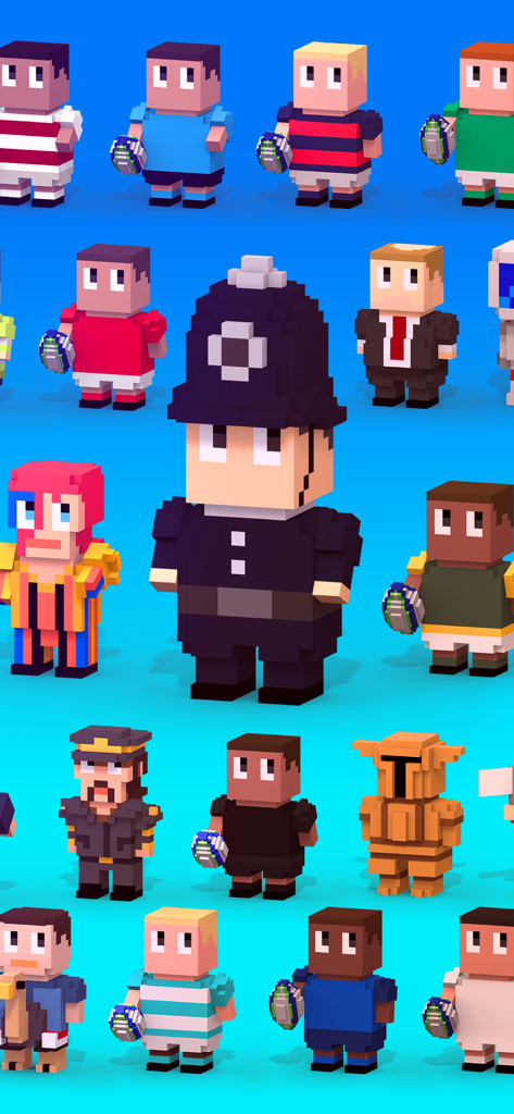 A variety of unlockable voxel characters from the Blocky Rugby game including a policeman and several rugby players