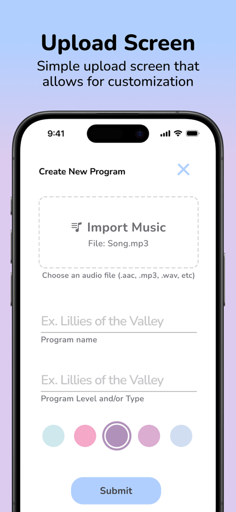 SkateLoops: MP3 Practice App - SkateLoops app upload screen for importing music and setting program details like name and level
