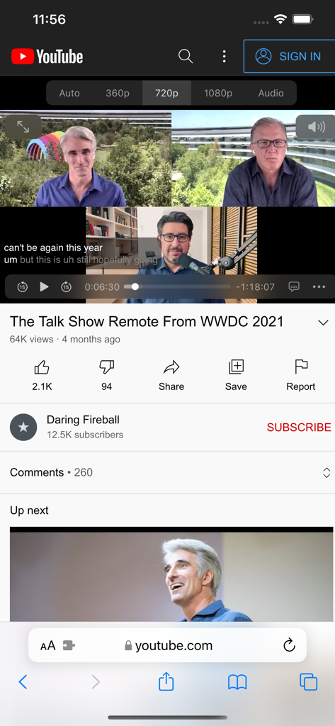 Vinegar Safari extension replacing the YouTube player with a minimal HTML video tag on iPhone.