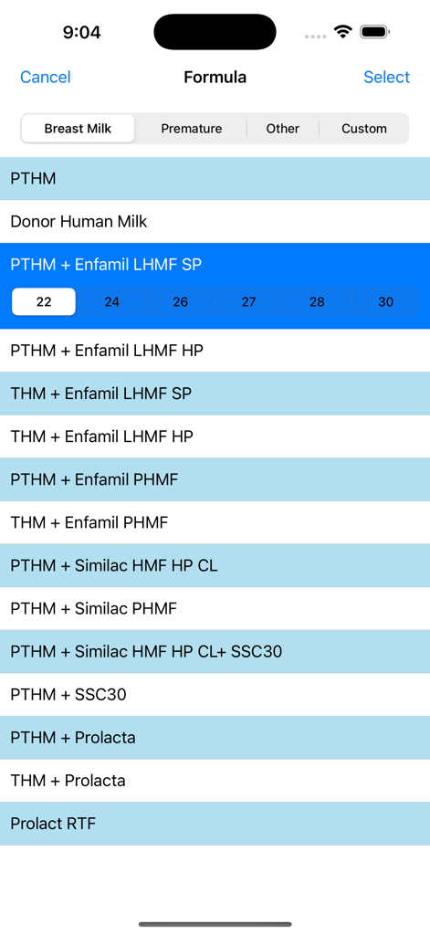 NICU Nutrition Calculator - A clinical interface showing a list of neonatal breast milk and formula fortifier options for nutritional calculation
