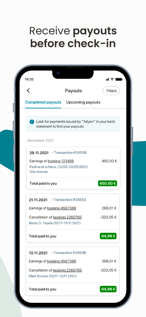 Holidu Host - Interfaccia dell'app Holidu Host che mostra un elenco dei pagamenti completati e dei guadagni da affitto per i gestori di proprietà.