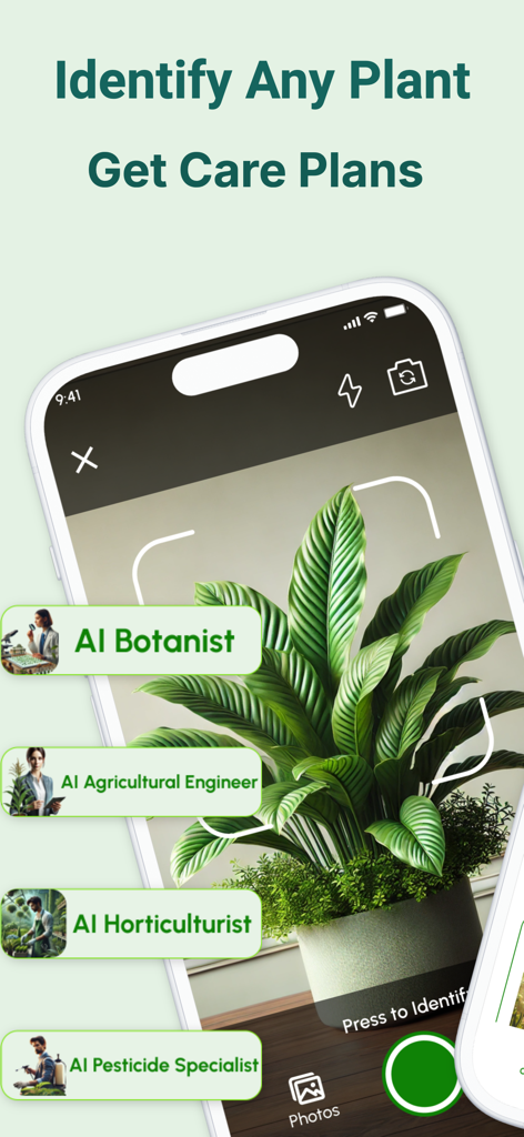 Interface de aplicativo móvel mostrando uma planta sendo identificada por câmera com rótulos de especialistas em IA como Botânico e Horticultor.