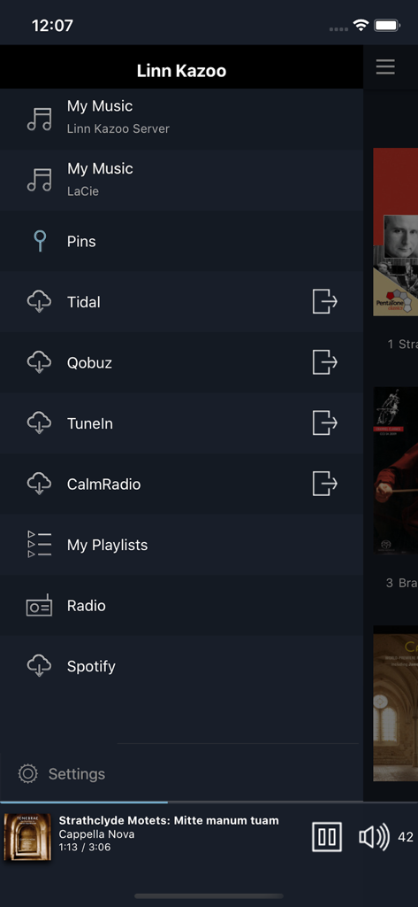 Linn Kazoo app interface displaying music sources including Tidal, Qobuz, and local music servers.