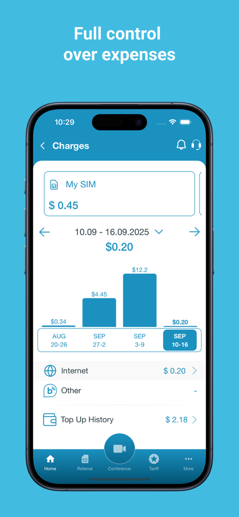Birka Global eSIM Hub - Birka Global eSIM Hub app interface showing travel data expense tracking and bar chart of charges.