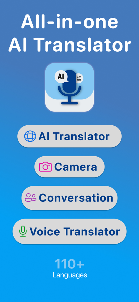 AI Translator: Translation App - Pantalla de inicio de la aplicación Traductor IA con botones de conversación con cámara y traducción de voz que admiten más de 110 idiomas