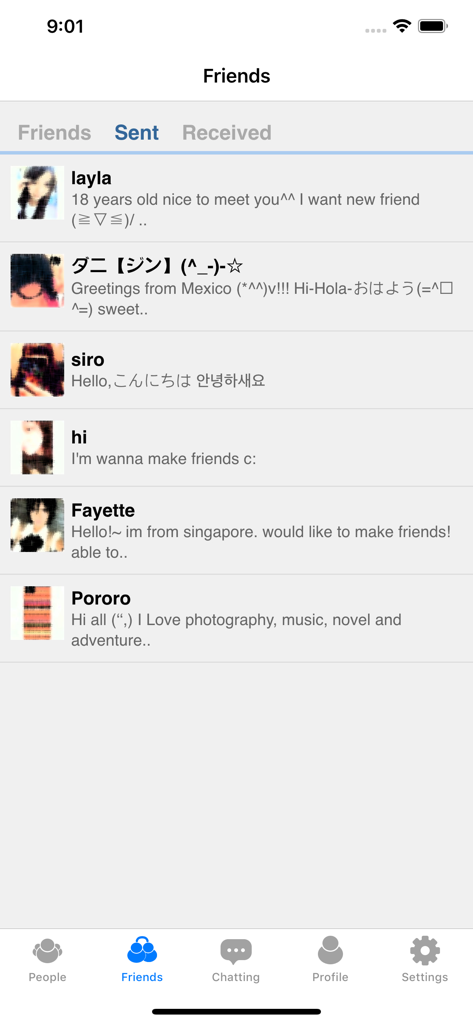Friends Talk - Chat New People - User list in the Friends Talk app showing sent friend requests with names and profile pictures.