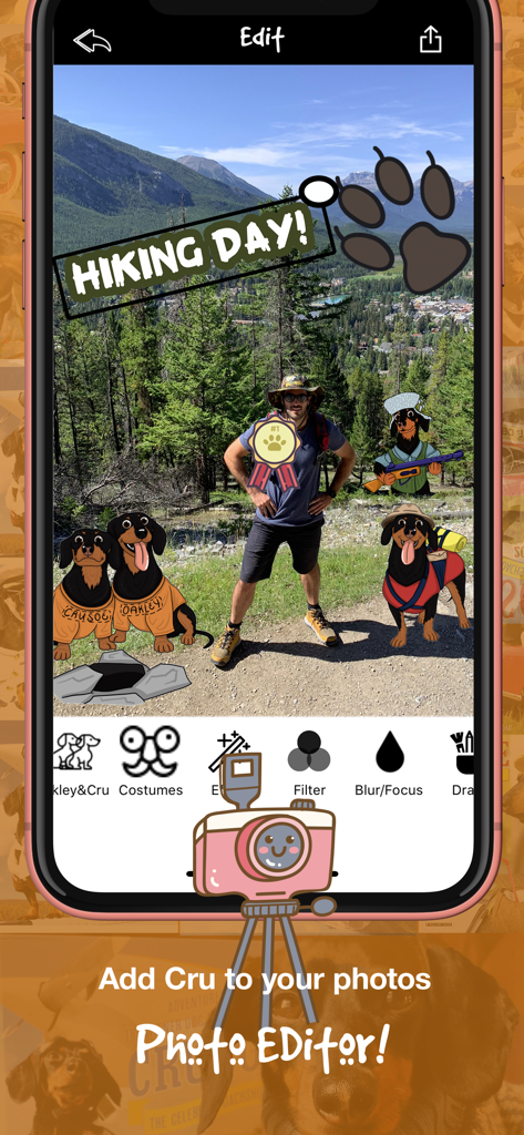 CrusoeMoji - Dachshund sticker - Interface do editor de fotos do aplicativo CrusoeMoji mostrando uma foto de caminhada decorada com adesivos de dachshund e um banner de dia de caminhada.