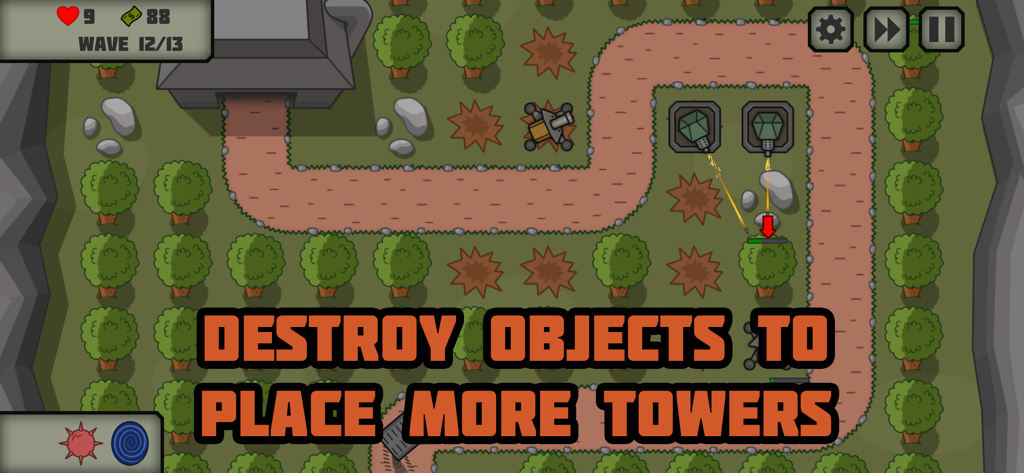 Tactical War: Tower Defense - Tactical War gameplay showing towers on a map with text about destroying objects to place more towers