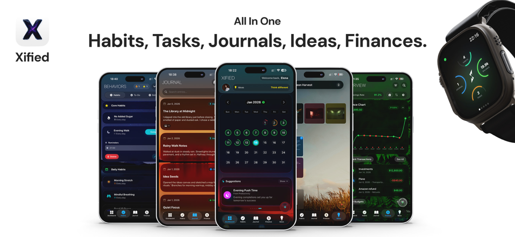 Xified Personal Dashboard - Xified app interface displayed on multiple iPhones and an Apple Watch showing habits, tasks, journal, ideas, and finance modules