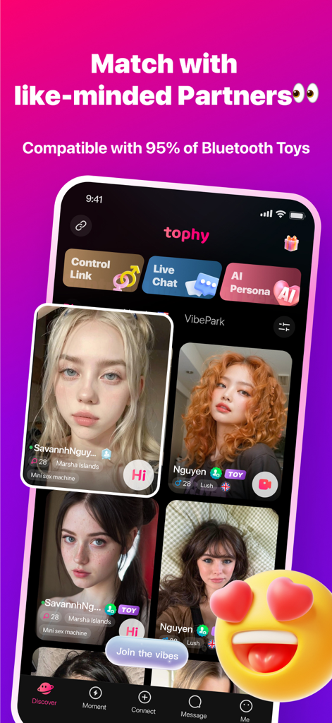 Tophy - Match,Chat,Dating - Interface de l'application Tophy montrant les profils d'utilisateurs et la compatibilité des jouets Bluetooth pour une connexion à distance.
