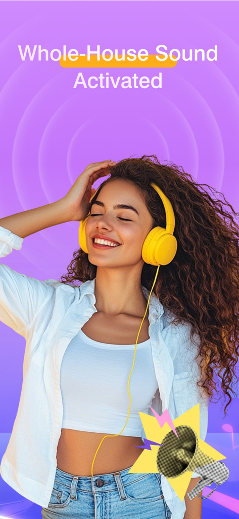 Music Player - Runo Player - Mujer joven disfrutando de música con auriculares amarillos y el texto Sonido de Toda la Casa Activado