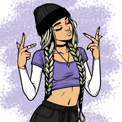 realistic teenage girl with braids and a beanie and crop top doing 🫶🏼