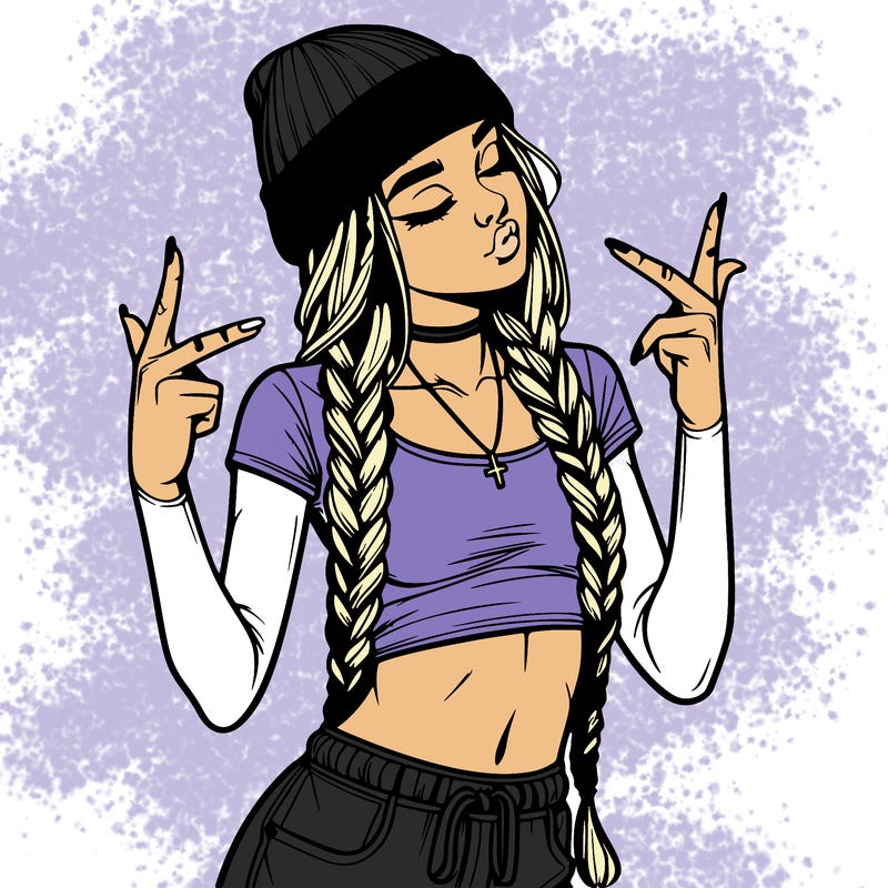 realistic teenage girl with braids and a beanie and crop top doing 🫶🏼