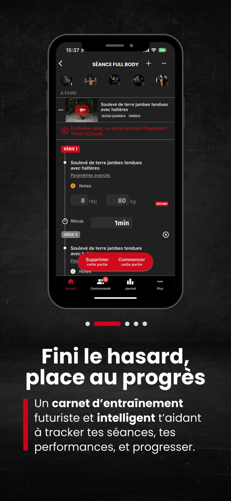 Gymflix - Fitness Workouts - Gymflix mobile interface showing a smart workout log for tracking weights and repetitions during a full body session.