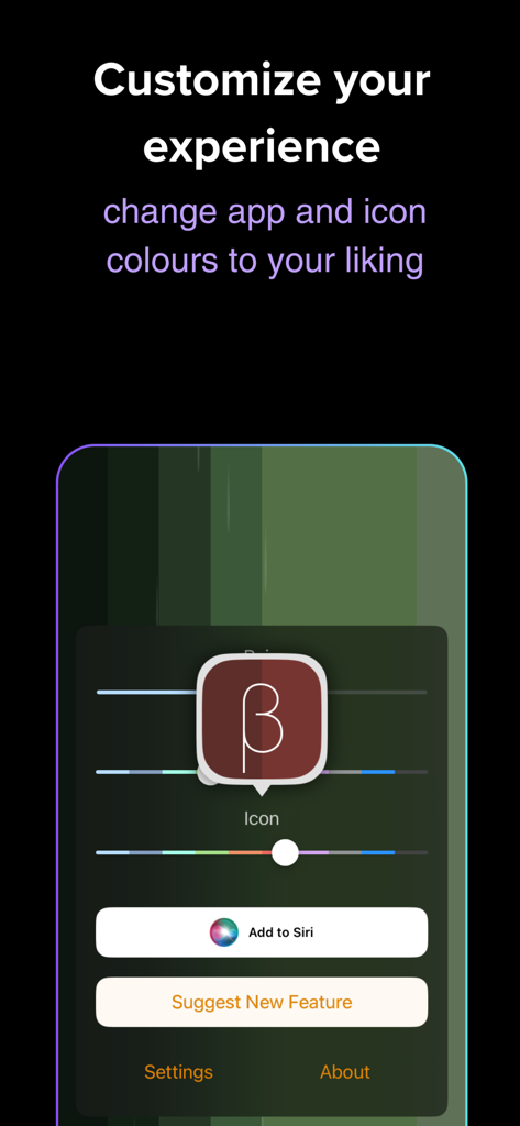 Echobay Heal: Binaural Beats - Interface of Echobay Heal showing customization options for app colors and icons with a Siri integration button
