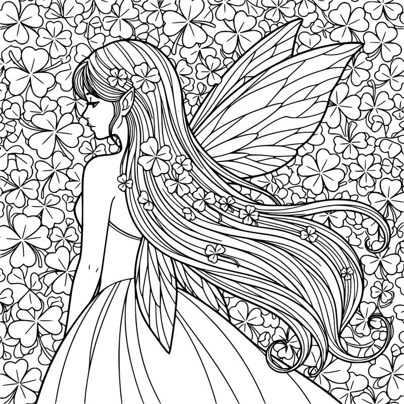 a female fairy with very long hair pointy ears and clovers in the background