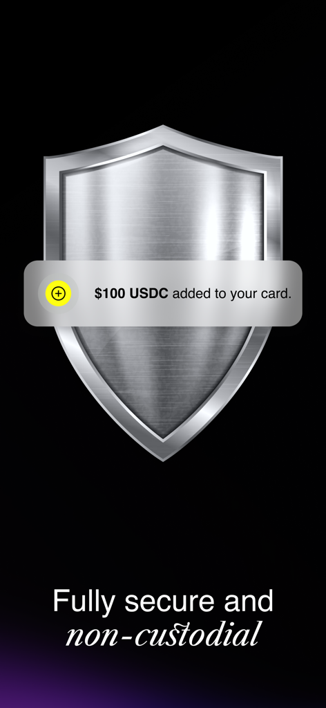 Captura de pantalla de la aplicación RIZON que muestra un escudo de seguridad y un mensaje de confirmación de depósito de USDC.