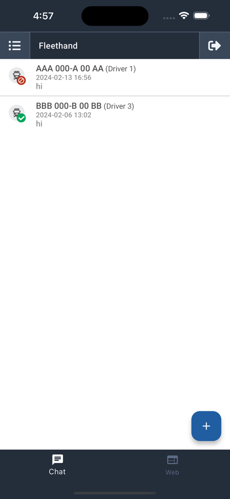 Fleethand - Fleethand Dispatcher app interface showing a list of messages from truck drivers