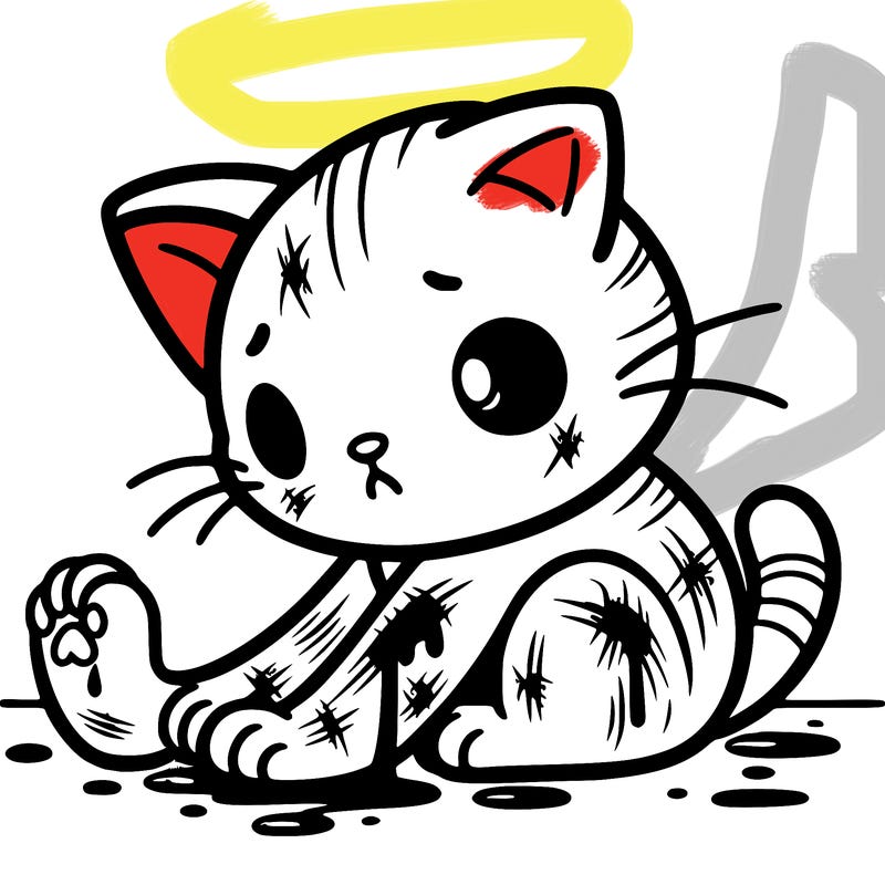 a cat scratching a battered, scratched up, bleeding cat