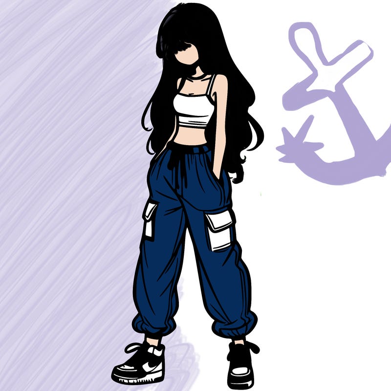 girl in baggy pants crop top and long hair