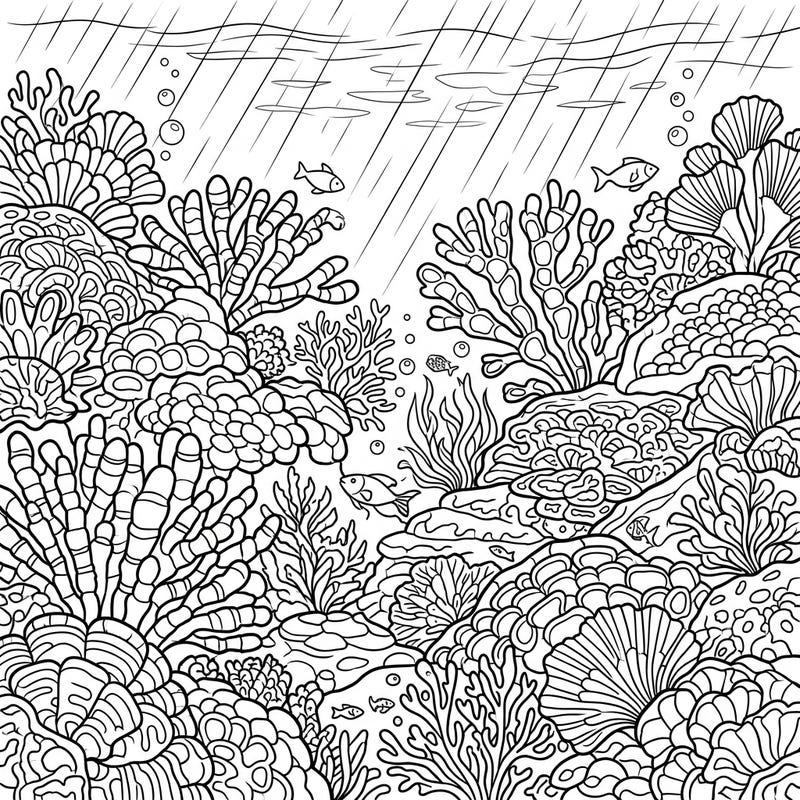 Explore a captivating coralline algae reef, beautifully rendered with atmospheric rainy day details. This unique coloring page blends the wonders of marine life with a cozy, introspective mood for a delightful art session.