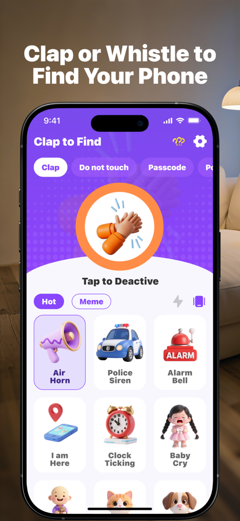 ClapFind: Phone Finder - ClapFind 앱 인터페이스, 박수로 찾기 기능 및 사용자 정의 가능한 경고음 표시