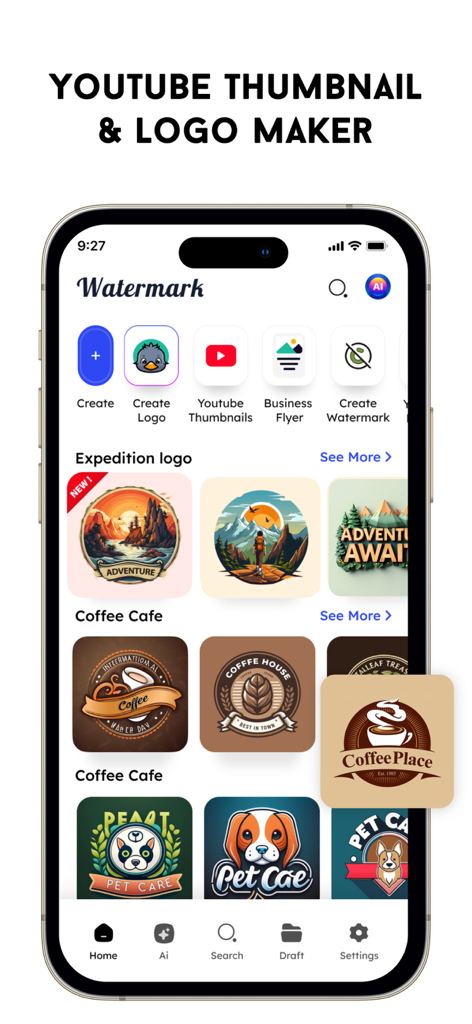Logo Maker & Generator - Una interfaz de aplicación móvil para Creador y Generador de Logos que muestra una variedad de plantillas de logos profesionales para negocios y creadores de contenido para redes sociales.