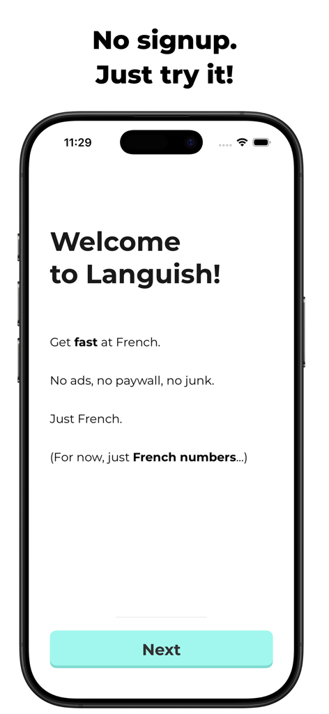 Languish: French Numbers - Pantalla de bienvenida de la aplicación Languish Números Franceses destacando su experiencia sin registro y sin publicidad.