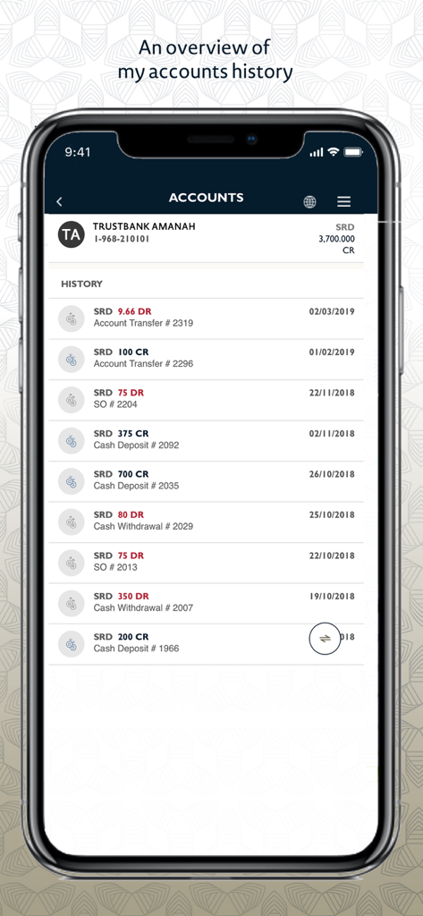 TrustbankAmanah Mobile Banking - Application bancaire mobile Trustbank Amanah montrant l'historique des transactions du compte
