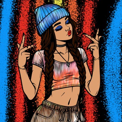 realistic teenage girl with braids and a beanie and crop top doing 🫶🏼