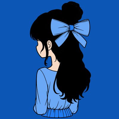 realistic girl  with hip length hair a bun and a big bow on the back of head