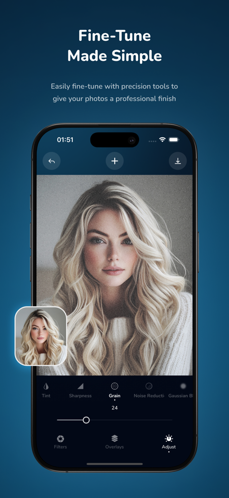 Moody Photo Edit Preset Filter - Moodshot app interface showing fine tune adjustment tools and a grain filter applied to a portrait photo