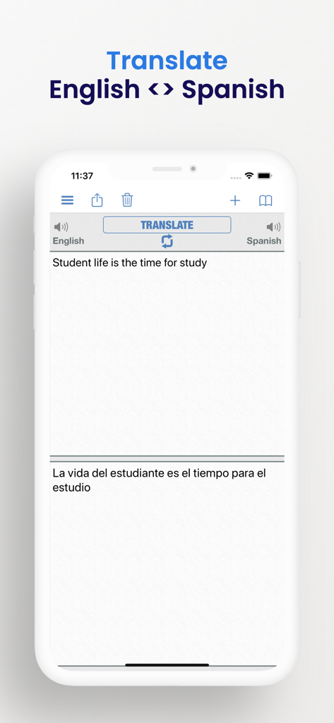 Spanish Dictionary + - Screenshot of Spanish Dictionary + app showing a translation from English to Spanish for students