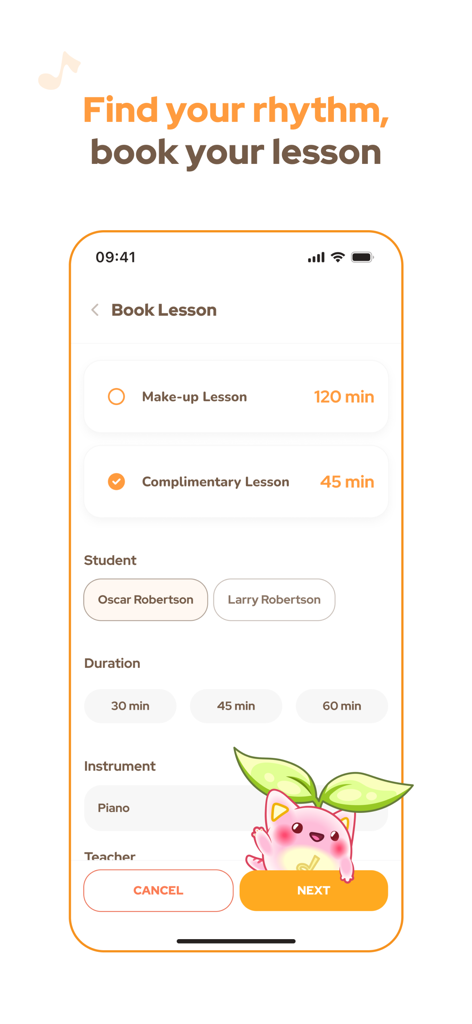 Aureus Academy app screen for booking music lessons showing options for make-up and complimentary sessions with student and instrument selection