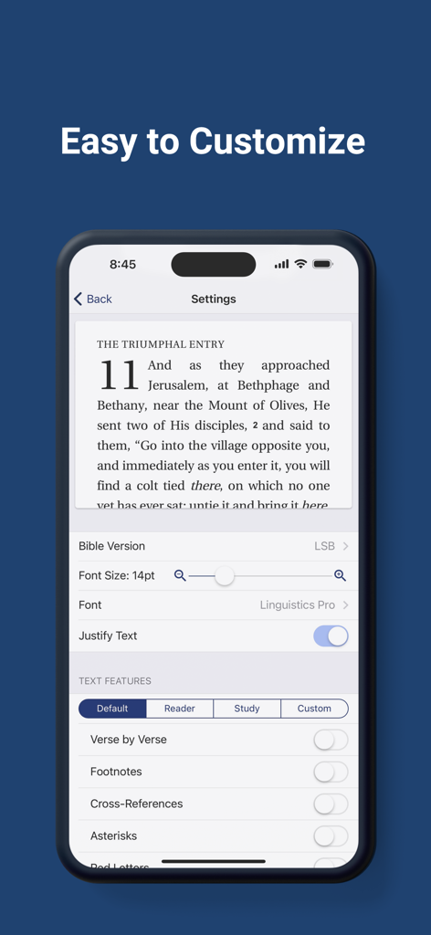 Settings screen of the Literal Word app showing Bible text customization options like font size and layout features.