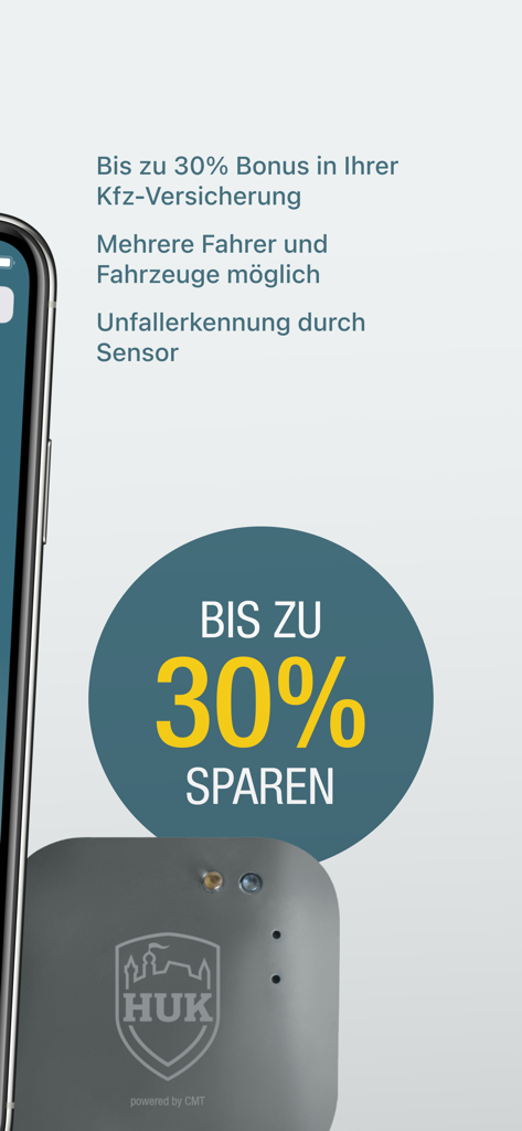 Schermata promozionale per l'app HUK Mein Auto che pubblicizza fino al 30% di risparmio sull'assicurazione e un sensore telematico.