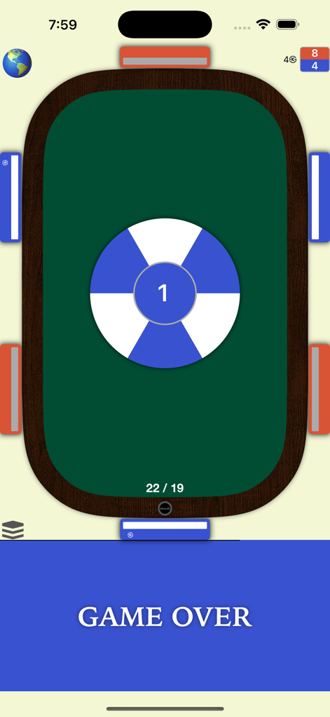 Super 28 - Game over screen for Super 28 card game showing the match results on a digital table