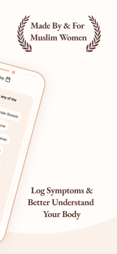 Ayda period tracker app showing symptom logging features and branding for Muslim women