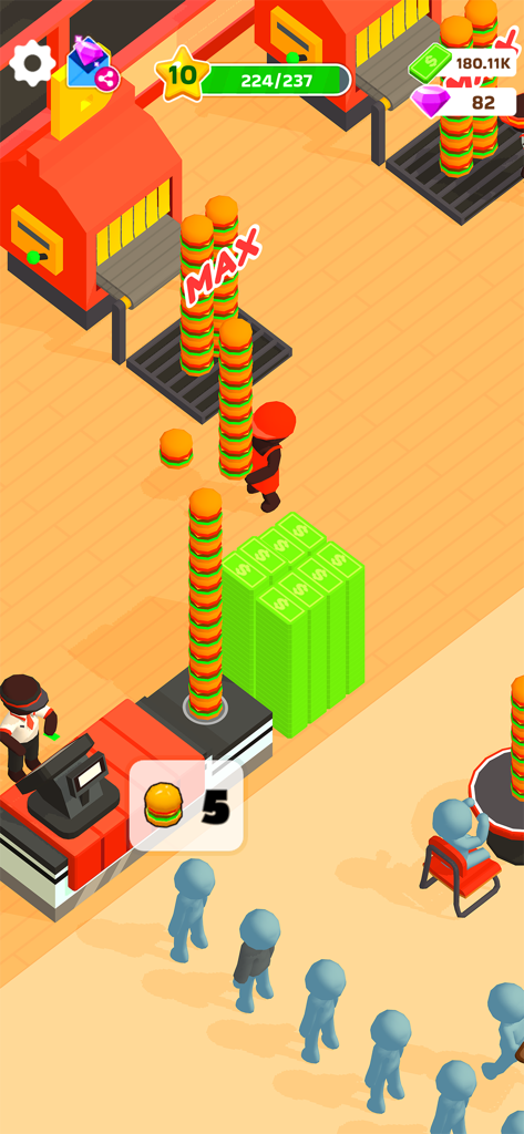 Un personnage transportant une grande pile de burgers dans une simulation de restaurant de restauration rapide avec des piles d'argent et des clients qui attendent en ligne