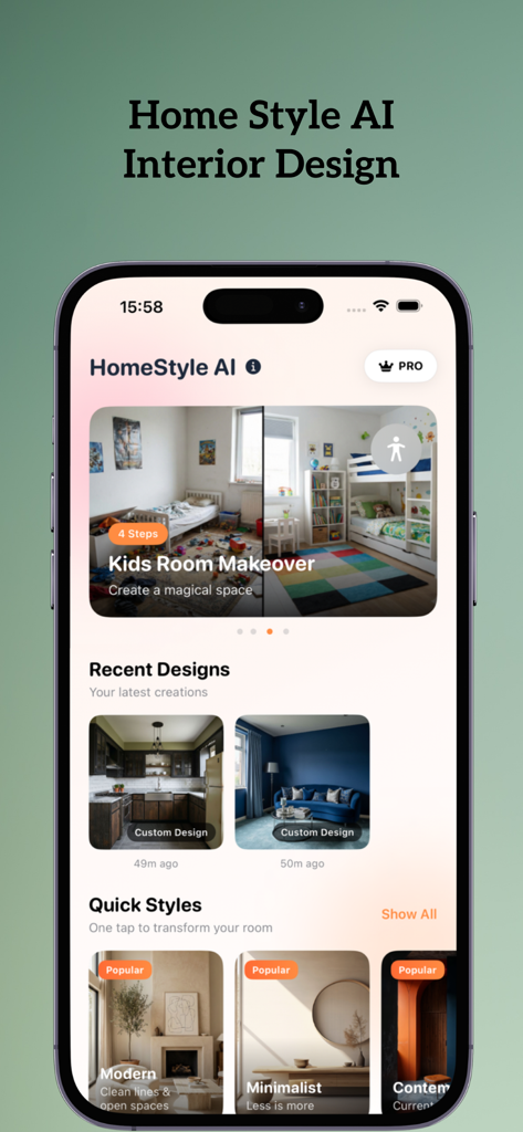 HomeStyle AI - Interior Design - HomeStyle AI app interface showing a kids room makeover feature and modern interior design styles on an iPhone.