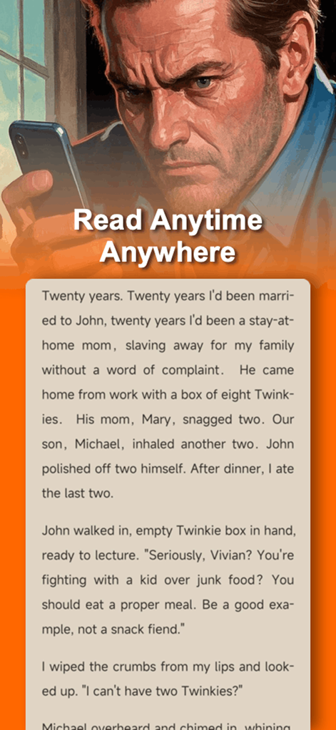 MotoNovel - A man looking at his smartphone with a dramatic story snippet and the text Read Anytime Anywhere.