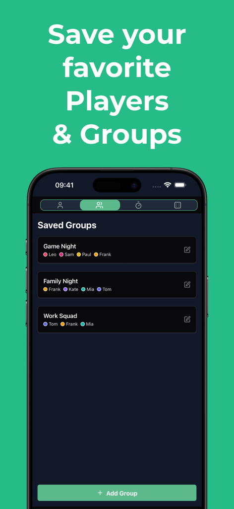 Score keeper - Scory - Score keeper app screen displaying saved player groups for game nights