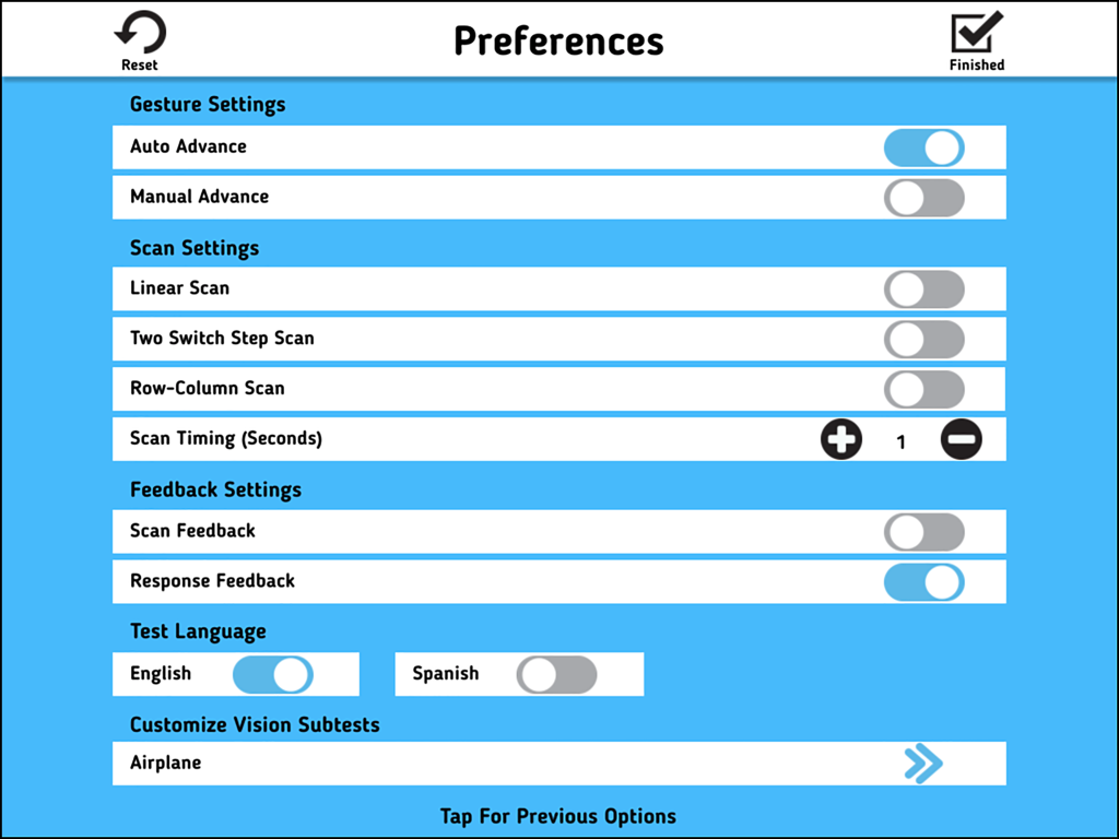 AAC Evaluation Genie - Preferences settings screen in AAC Evaluation Genie showing gesture and scan configurations